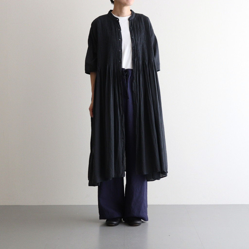 80s ORGANIC DOBIE CHECK(OVERDYE) BANDED COLLAR MAXI DRESS WITH PINTUCK #9971 O.BLACK [NMDS25254D]