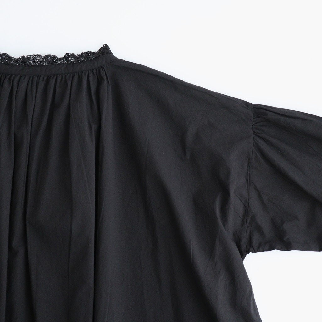 60s COTTON CAMBRIC PLAIN WITH LACE LACE & STRING COLLAR GATHERED SHIRT #9900 BLACK [NSL26552]