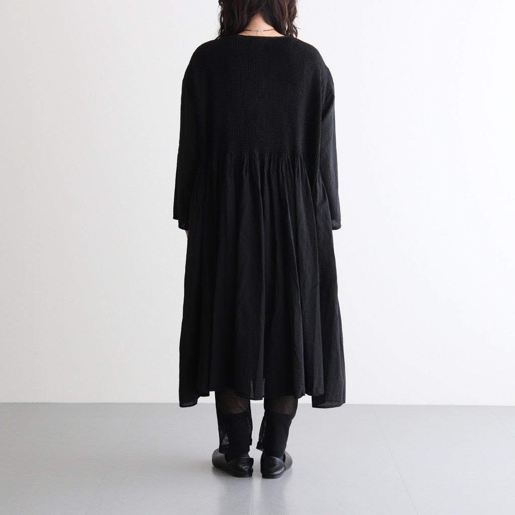 80s ORGANIC MICRO CHECK OVERDYE CREW-NECK BUTTON SHIRT MAXI DRESS WITH MINI PINTUCK #9912 BLACK (J.BLACK) [NMDS26234D]