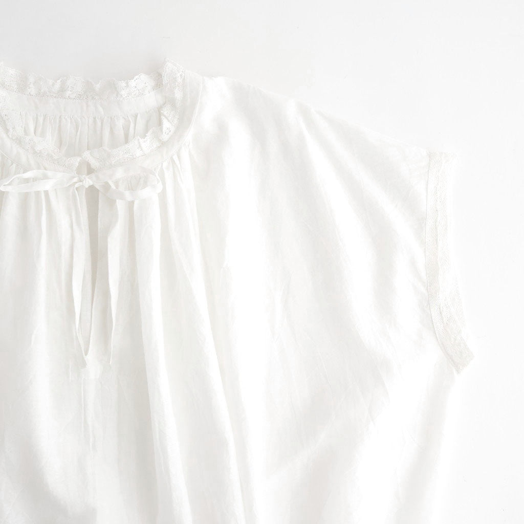 80s COTTON VOILE LACE LACE&STRING COLLAR GATHERED SHIRT #9100 WHT (OFF WHITE) [NSL26092]