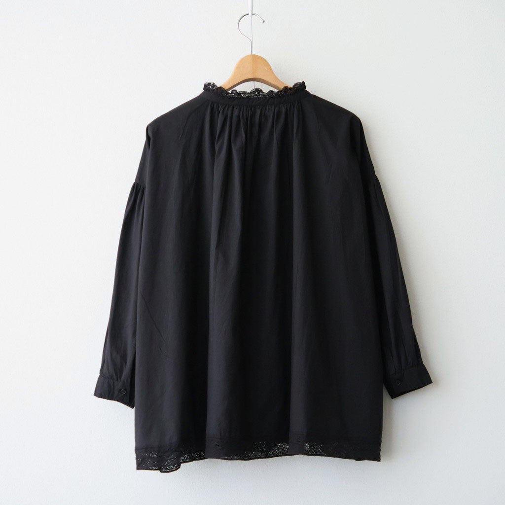 60s COTTON CAMBRIC PLAIN WITH LACE LACE & STRING COLLAR GATHERED SHIRT #9900 BLACK [NSL26552]