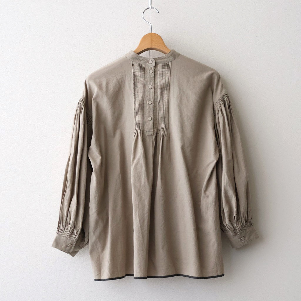 HANDWOVEN HEAVY COTTON PLAIN BACK OPENING STAND COLLAR SHIRT WITH MINI PINTUCK #8300 BEIGE/BLACK SELVAGE [INMDS25722]