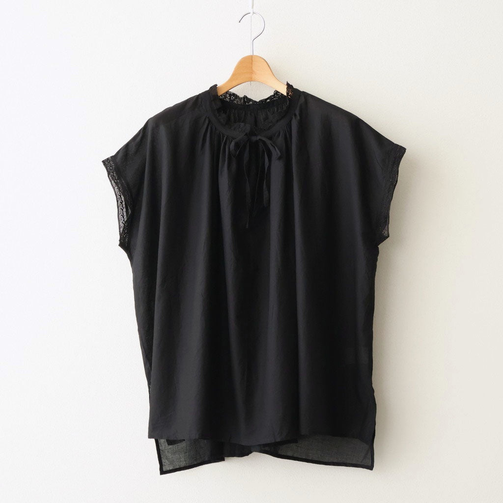 80s COTTON VOILE LACE LACE&STRING COLLAR GATHERED SHIRT #9900 BLACK [NSL26092]