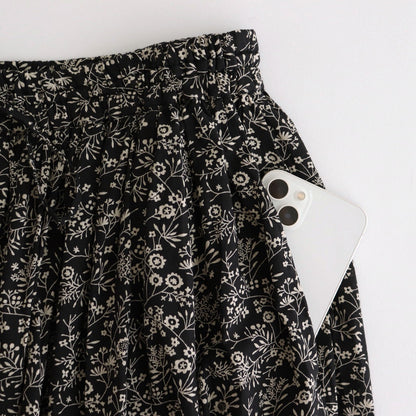COTTON SLUB SMALL FLOWER PRINT GATHERED SKIRT #9982 BLK (BLACK x BEIGE PRINT) [NSL25574]