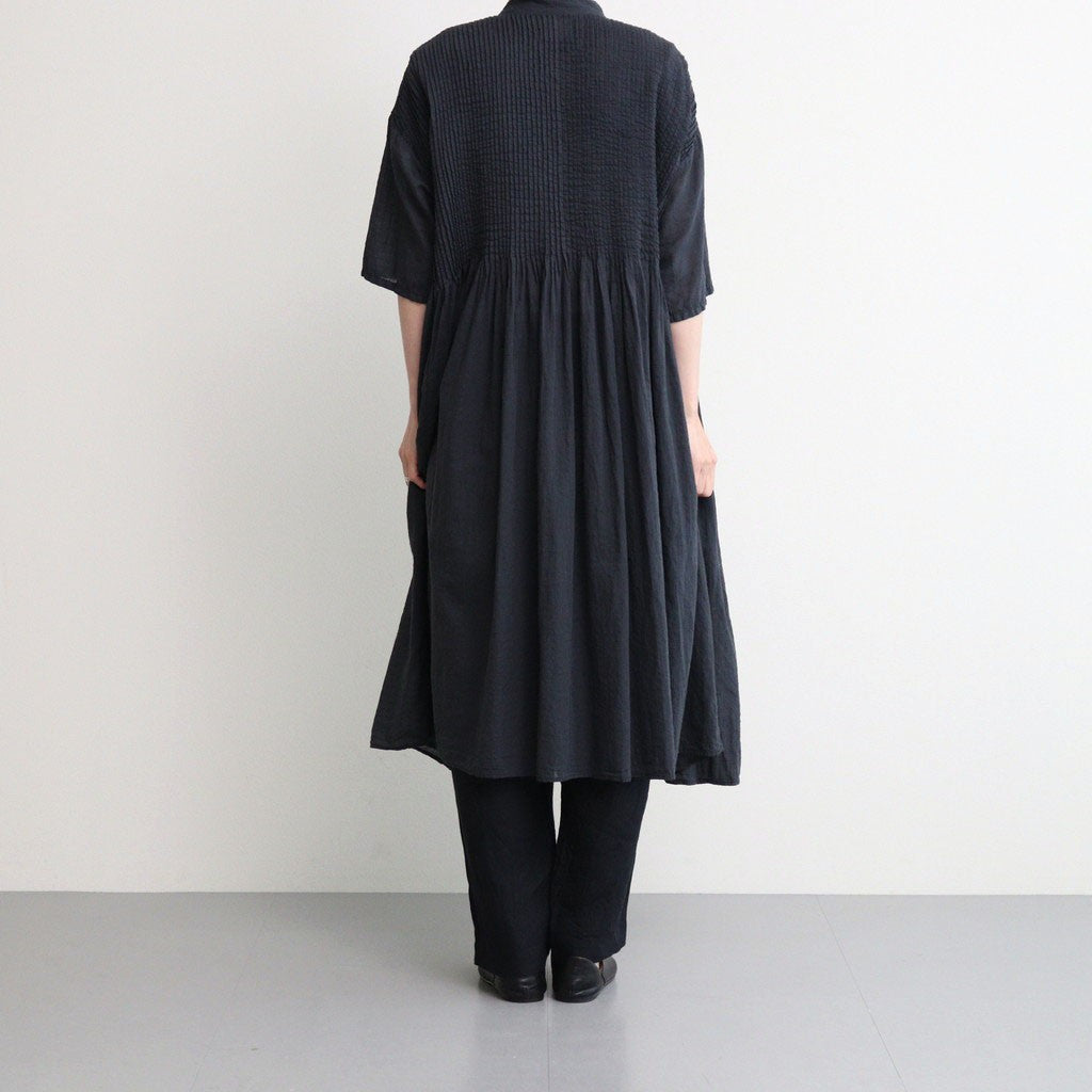 80s ORGANIC DOBIE CHECK(OVERDYE) BANDED COLLAR MAXI DRESS WITH PINTUCK #9971 O.BLACK [NMDS25254D]