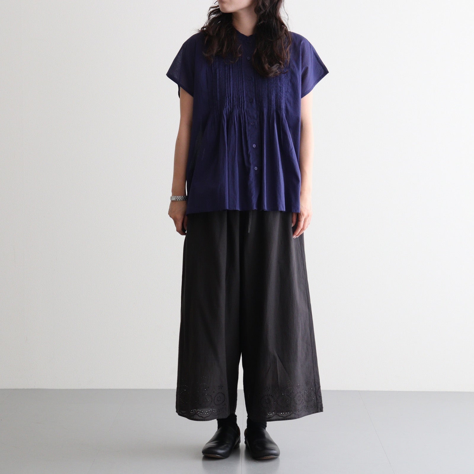 80s VOILE PLAIN WITH CUT WORK LACE EASY PANTS #9900 BLACK [INSL26345]