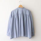 80s COTTON VOILE PLAIN BANDED COLLAR GATHER SHIRT #3300 SAX BLUE [NSL25041]