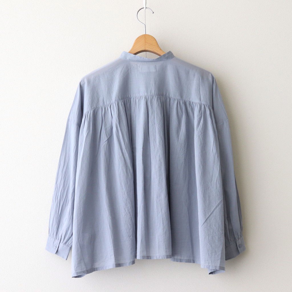 80s COTTON VOILE PLAIN BANDED COLLAR GATHER SHIRT #3300 SAX BLUE [NSL25041]