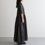 80s POWER LOOM LINEN CHECK REGULAR COLLAR DRESS WITH RAJASTAN GATHER #9890 OFF BLACK x WHITE CHECK [NMDS26284]