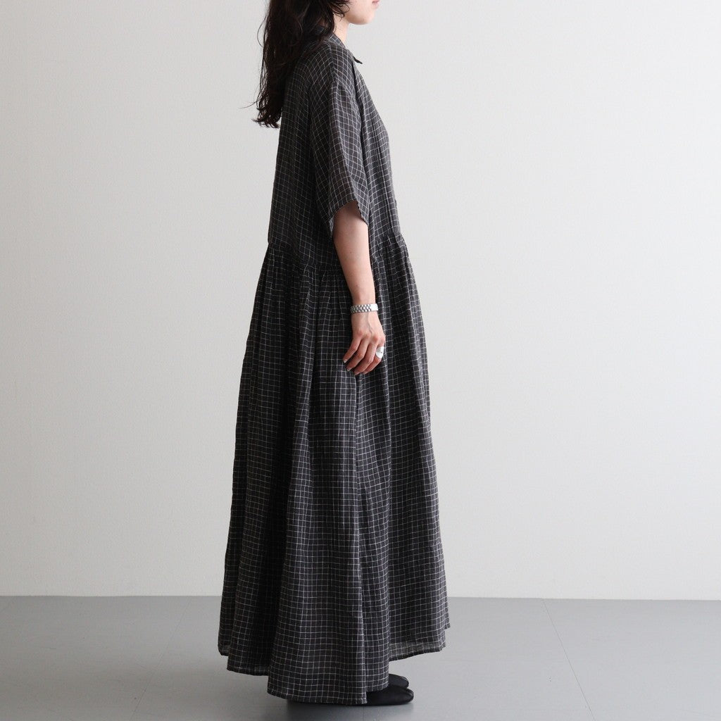 80s POWER LOOM LINEN CHECK REGULAR COLLAR DRESS WITH RAJASTAN GATHER #9890 OFF BLACK x WHITE CHECK [NMDS26284]