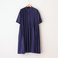 80s ORGANIC DOBIE CHECK(OVERDYE) BANDED COLLAR MAXI DRESS WITH PINTUCK #2813 D.PURPLE [NMDS25254D]