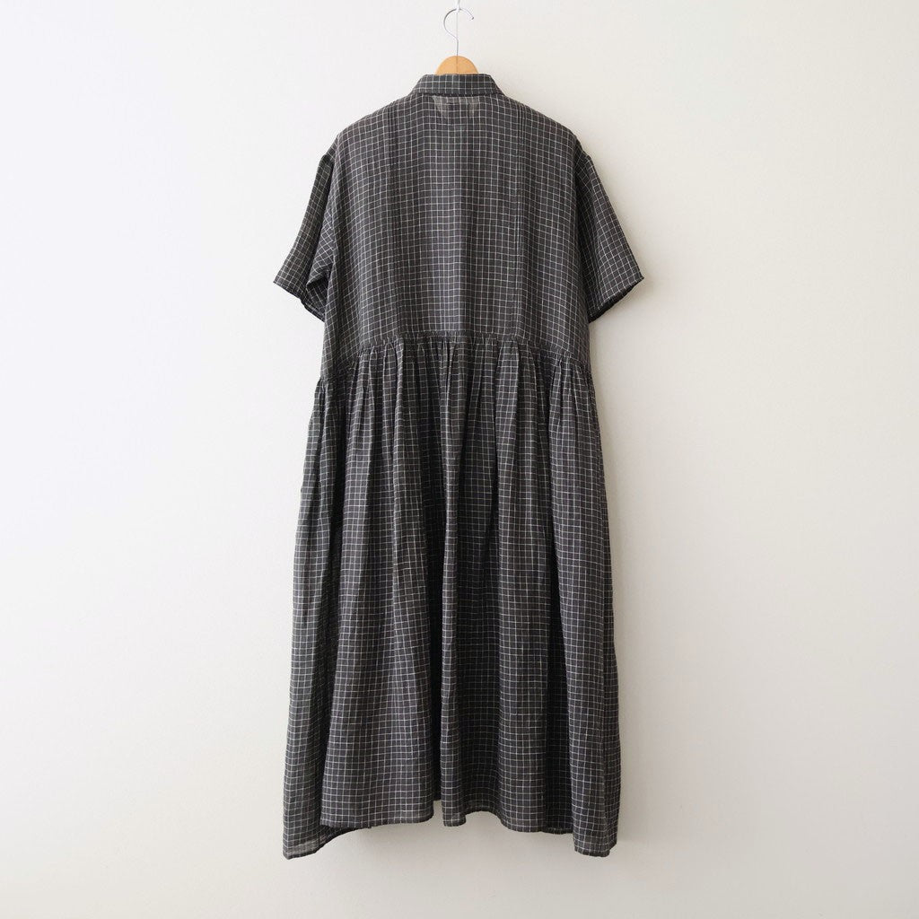 80s POWER LOOM LINEN CHECK REGULAR COLLAR DRESS WITH RAJASTAN GATHER #9890 OFF BLACK x WHITE CHECK [NMDS26284]