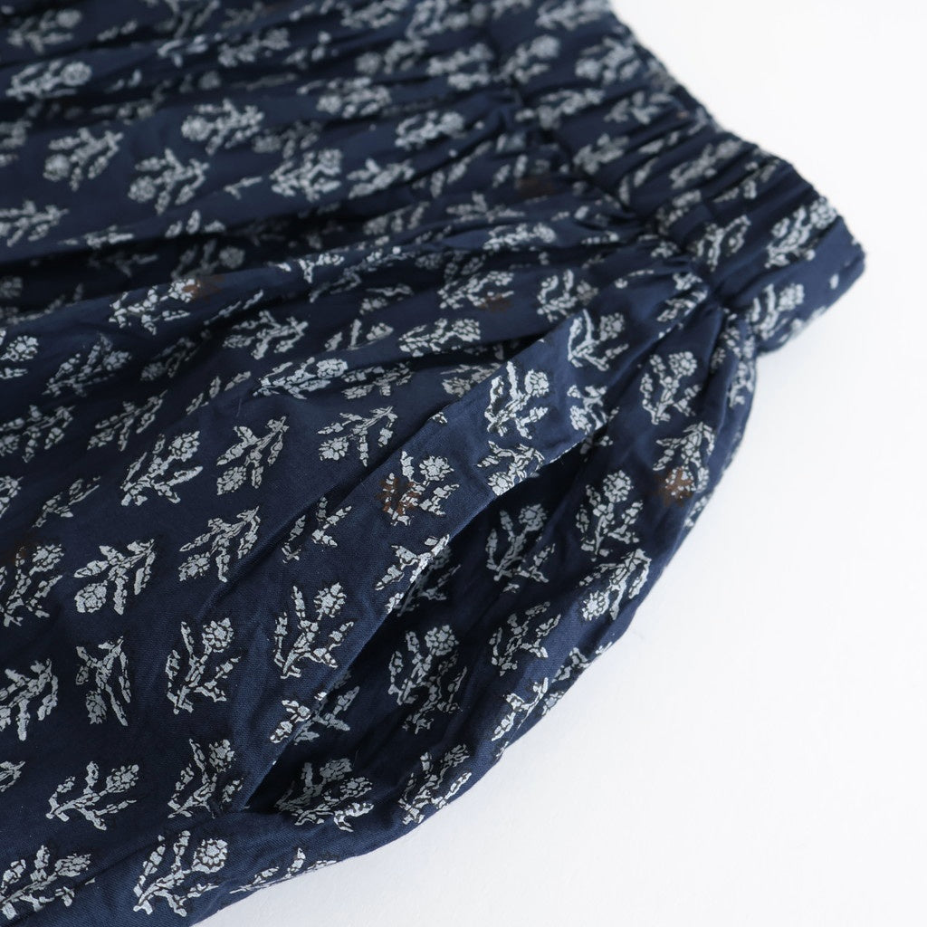 80s COTTON VOILE FLOWER BLOCK PRINT RAJASTAN TUCK GATHERED SKIRT WITH LINING #3900 NVY (NAVY BASE) [NMDS25555]