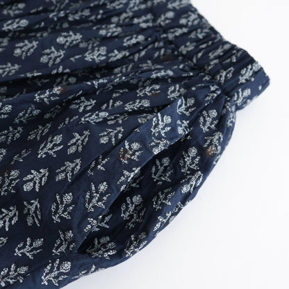 80s COTTON VOILE FLOWER BLOCK PRINT RAJASTAN TUCK GATHERED SKIRT WITH LINING #3900 NVY (NAVY BASE) [NMDS25555]