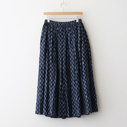 80s COTTON VOILE FLOWER BLOCK PRINT RAJASTAN TUCK GATHERED SKIRT WITH LINING #3900 NVY (NAVY BASE) [NMDS25555]
