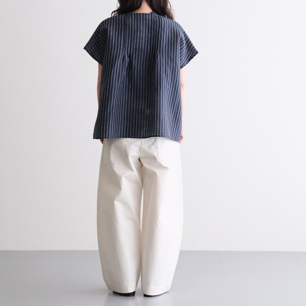 60s AUTO LOOM COTTON/LINEN STRIPE BANDED COLLAR FRENCH/SL PINTUCK SHIRTS #3991 NAVY/OFF.WHITE STRIPE [INSL26331]