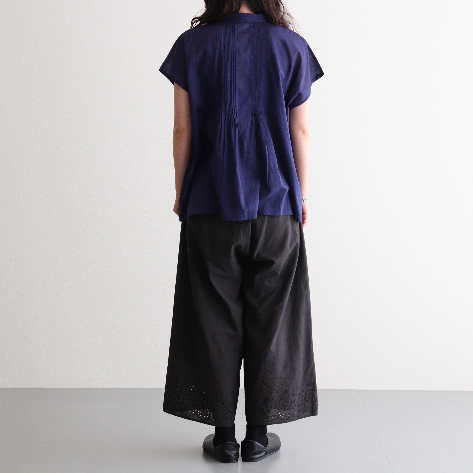 80s VOILE PLAIN WITH CUT WORK LACE EASY PANTS #9900 BLACK [INSL26345]