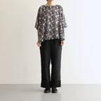 80s VOILE TWO TONE FLOWER PRINT GATHERED SMOCK #9982 BLACK x Lt BEIGE PRINT [NSL25082]