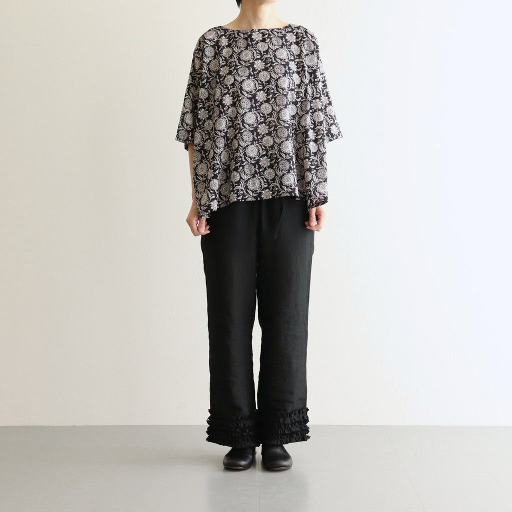 80s VOILE TWO TONE FLOWER PRINT GATHERED SMOCK #9982 BLACK x Lt BEIGE PRINT [NSL25082]