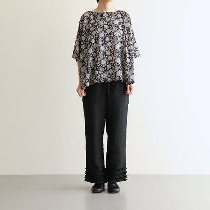 80s VOILE TWO TONE FLOWER PRINT GATHERED SMOCK #9982 BLACK x Lt BEIGE PRINT [NSL25082]