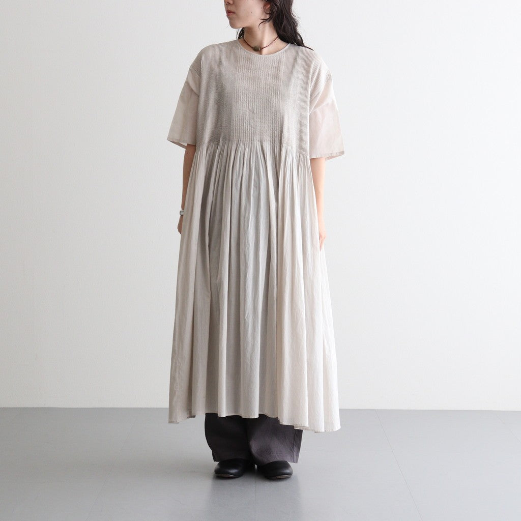80s ORGANIC COTTON VOILE CREW-NECK HALF/SLEEVE DRESS WITH MINI PINTUCK #8200 BEIGE (MILKY BEIGE) [NMDS26243]