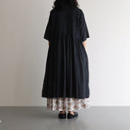80s ORGANIC DOBIE CHECK(OVERDYE) BANDED COLLAR MAXI DRESS WITH PINTUCK #9971 O.BLACK [NMDS25254D]