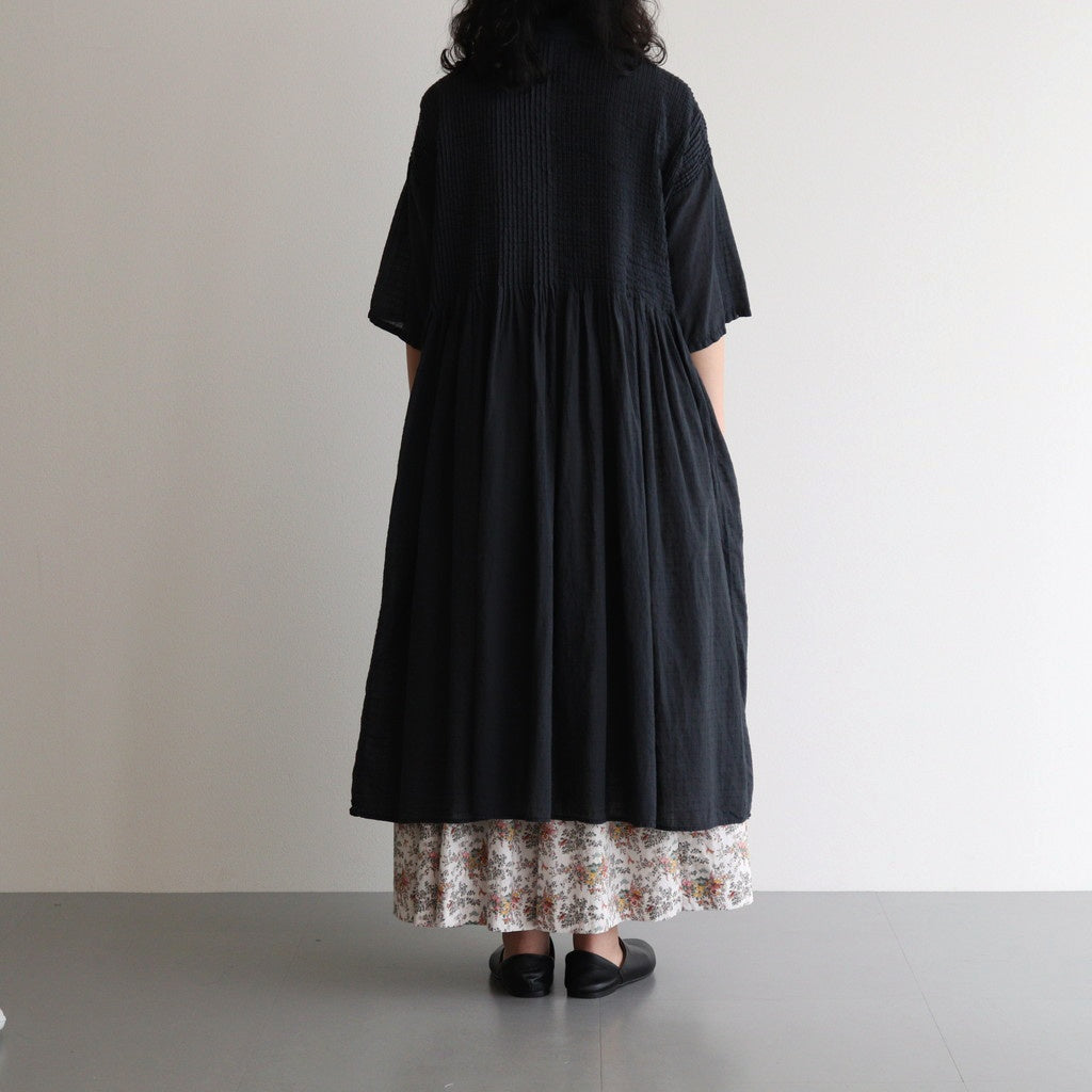 80s ORGANIC DOBIE CHECK(OVERDYE) BANDED COLLAR MAXI DRESS WITH PINTUCK #9971 O.BLACK [NMDS25254D]