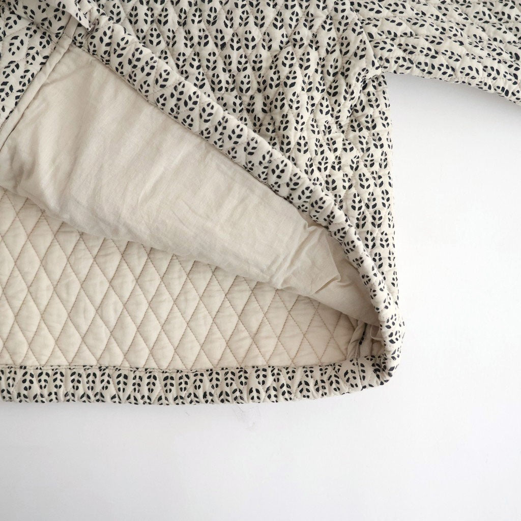 80s VOILE LITTLE TREE BLOCK PRINT QUILTED RAGLAN/SL STRING JACKET #9199 MILKY.GREY/BLACK PRINT [INMDS26721]