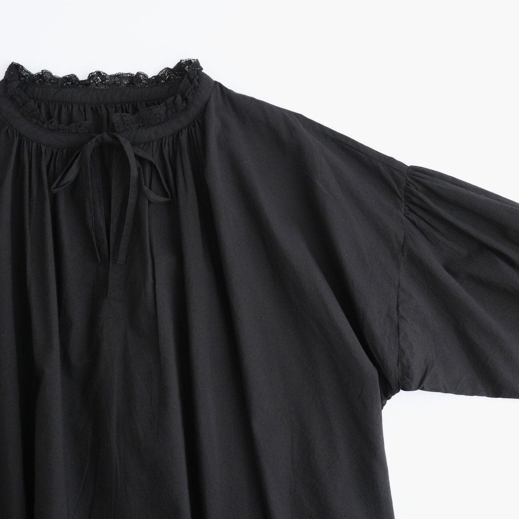 60s COTTON CAMBRIC PLAIN WITH LACE LACE & STRING COLLAR GATHERED SHIRT #9900 BLACK [NSL26552]