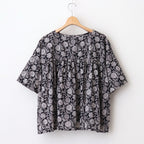 80s VOILE TWO TONE FLOWER PRINT GATHERED SMOCK #9982 BLACK x Lt BEIGE PRINT [NSL25082]