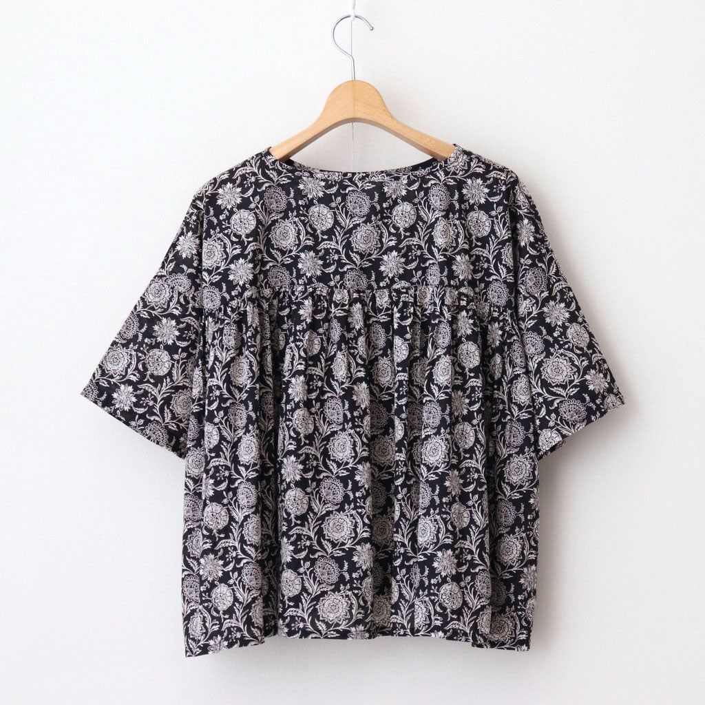 80s VOILE TWO TONE FLOWER PRINT GATHERED SMOCK #9982 BLACK x Lt BEIGE PRINT [NSL25082]