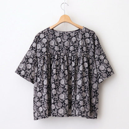 80s VOILE TWO TONE FLOWER PRINT GATHERED SMOCK #9982 BLACK x Lt BEIGE PRINT [NSL25082]
