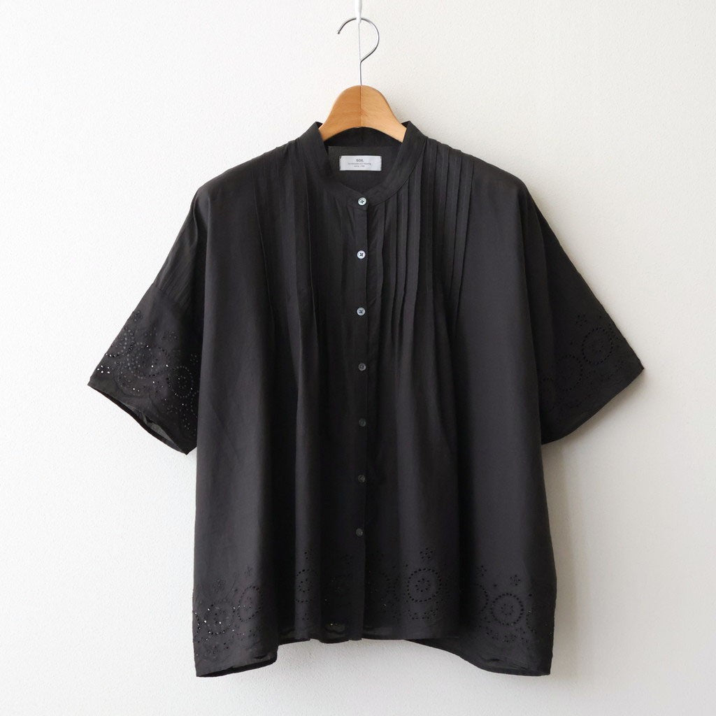 80s VOILE PLAIN WITH CUT WORK LACE BANDED COLLAR PINTUCK SHIRTS #9900 BLACK [INSL26341]