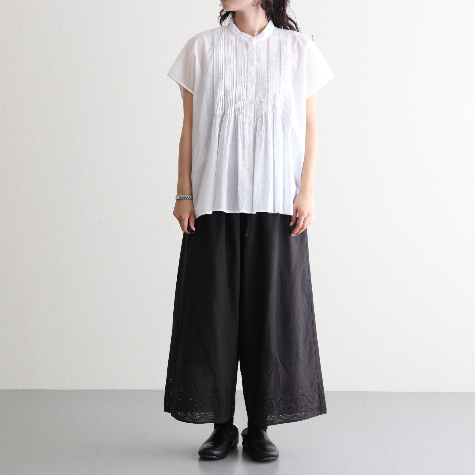 80s COTTON VOILE PLAIN BANDED COLLAR FRENCH/SL PINTUCK SHIRT #9000 OFF WHITE [NSL26022]
