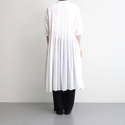 80s ORGANIC DOBIE CHECK(OVERDYE) BANDED COLLAR MAXI DRESS WITH PINTUCK #9170 MINRAL WHITE [NMDS25254D]