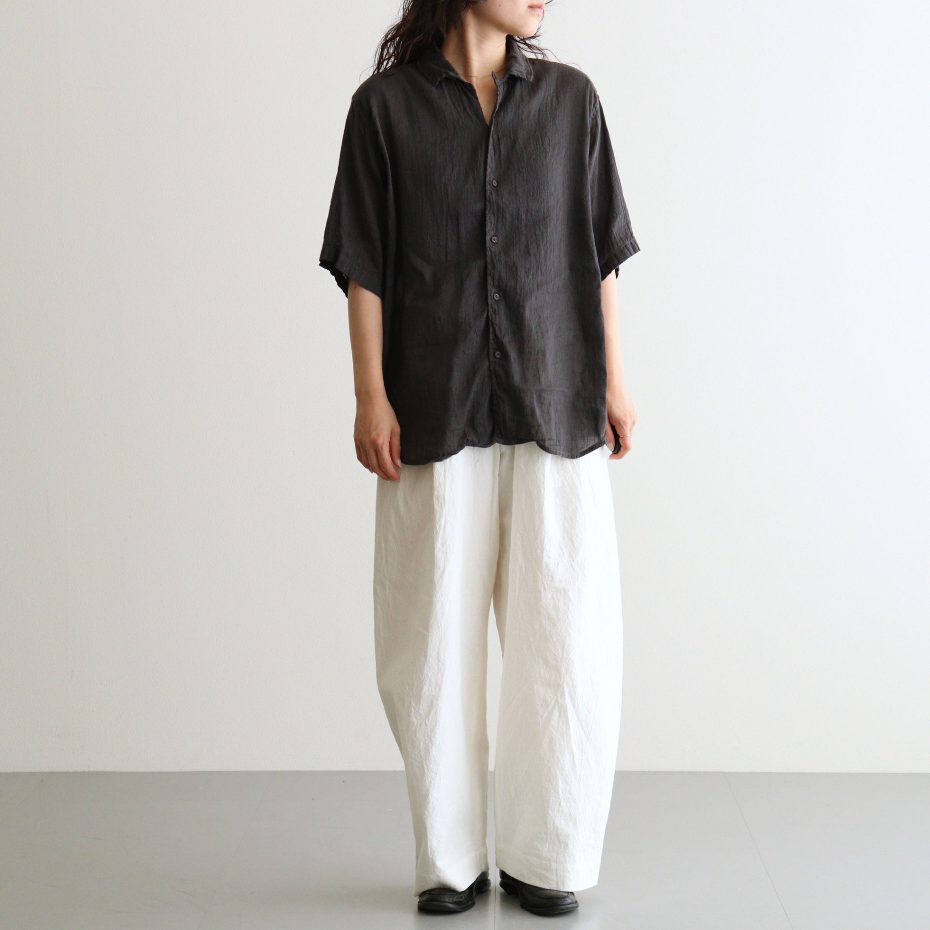AUTO LOOM LINEN/COTTON PLAIN OVERDYE OPEN COLLAR S/SL SHIRTS #991D C.BLACK [IMDSH2612LCD]