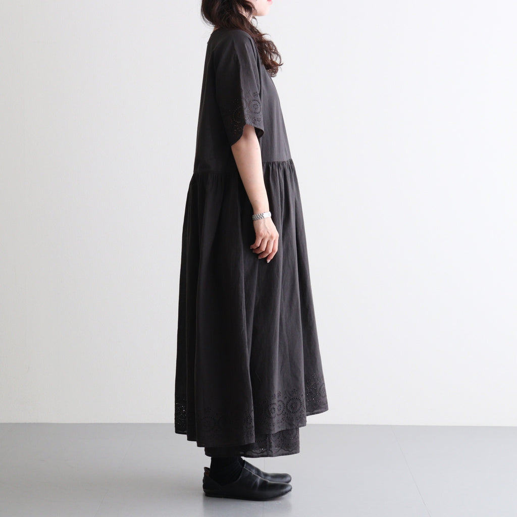 80s VOILE PLAIN WITH CUT WORK LACE CREW NECK PULLOVER DRESS #9900 BLACK [INSL26343]