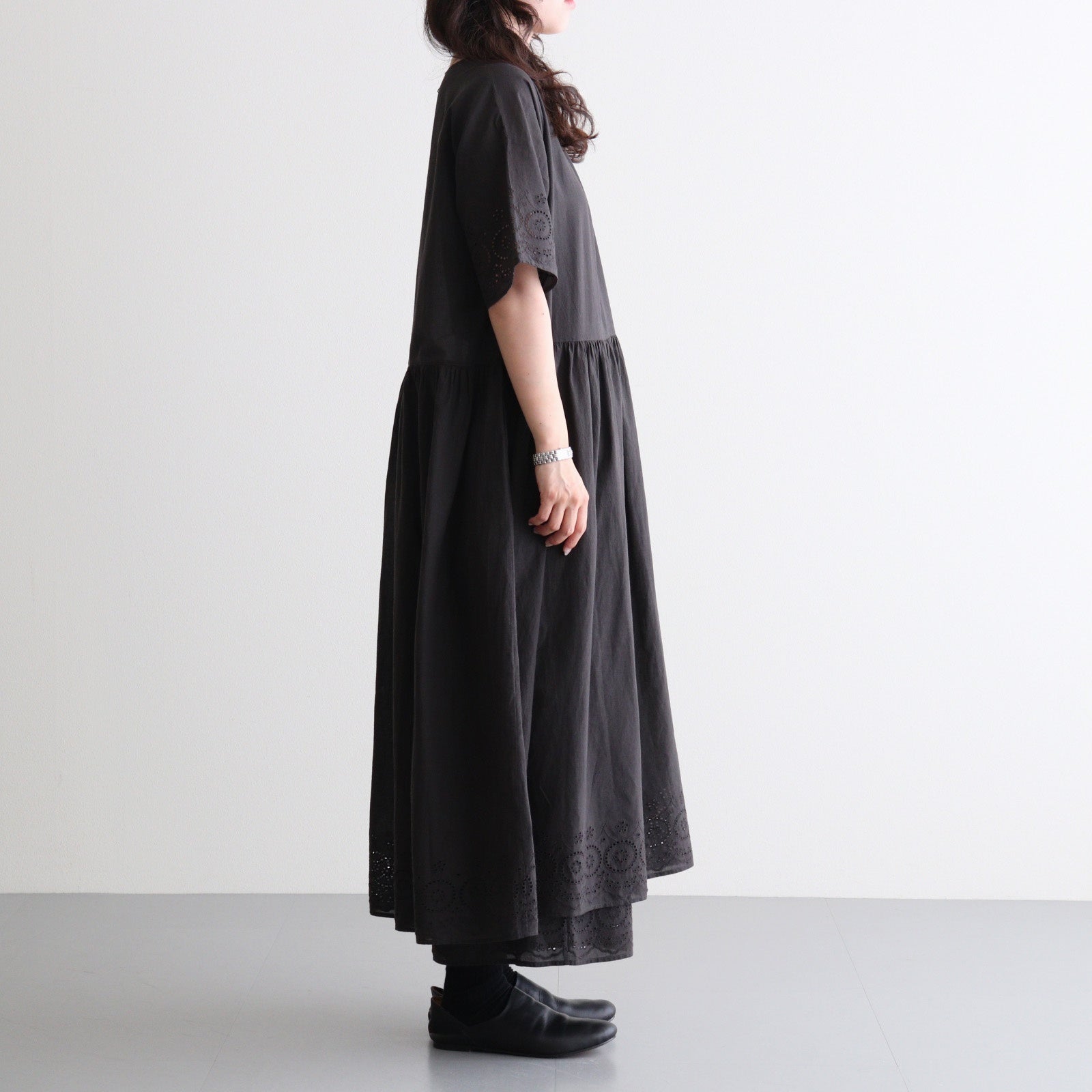 80s VOILE PLAIN WITH CUT WORK LACE CREW NECK PULLOVER DRESS #9900 BLACK [INSL26343]