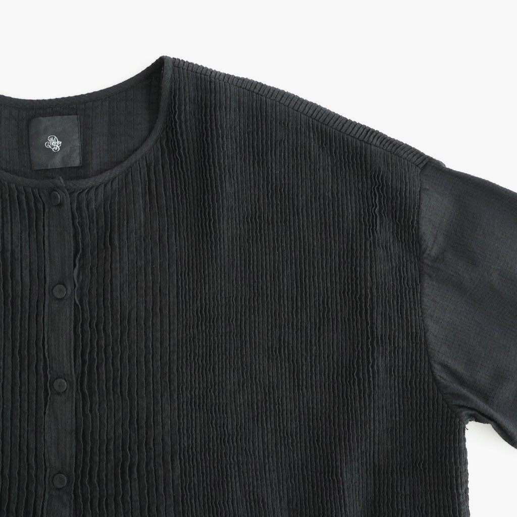 80s ORGANIC MICRO CHECK OVERDYE CREW-NECK BUTTON SHIRT MAXI DRESS WITH MINI PINTUCK #9912 BLACK (J.BLACK) [NMDS26234D]