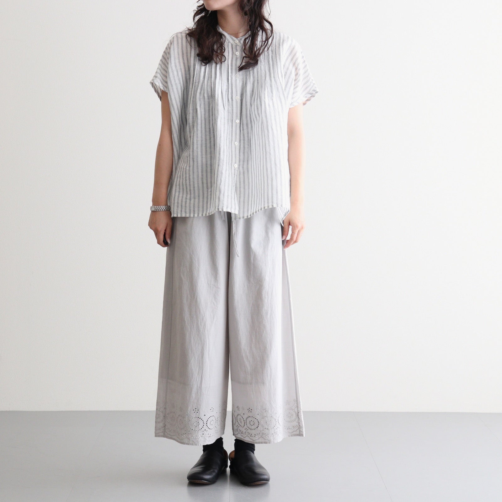 60s AUTO LOOM COTTON/LINEN STRIPE BANDED COLLAR FRENCH/SL PINTUCK SHIRTS #9139 OFF.WHITE/NAVY STRIPE [INSL26331]