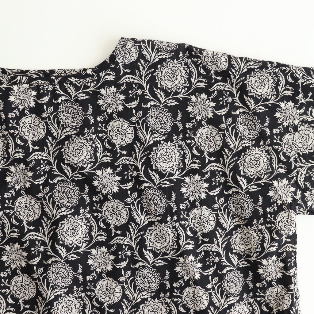 80s VOILE TWO TONE FLOWER PRINT GATHERED SMOCK #9982 BLACK x Lt BEIGE PRINT [NSL25082]