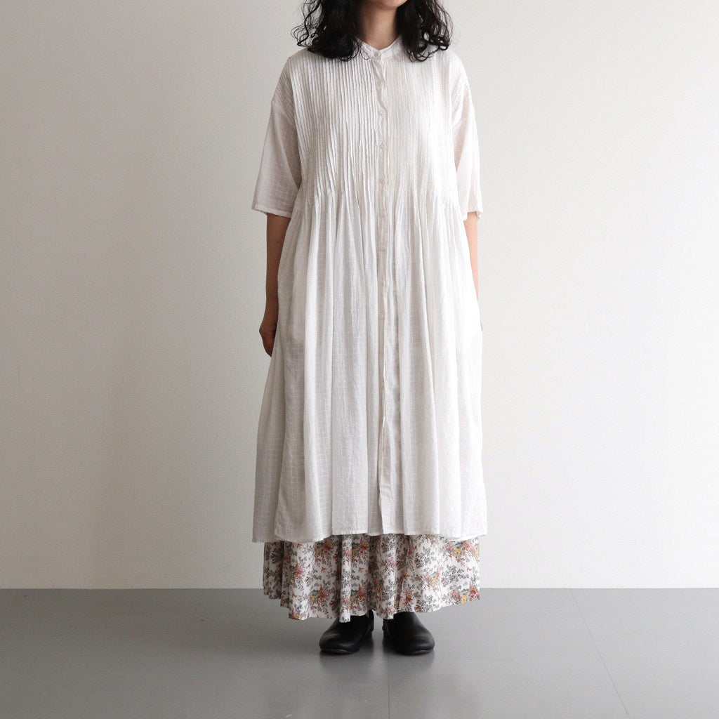 80s ORGANIC DOBIE CHECK(OVERDYE) BANDED COLLAR MAXI DRESS WITH PINTUCK #9170 MINRAL WHITE [NMDS25254D]