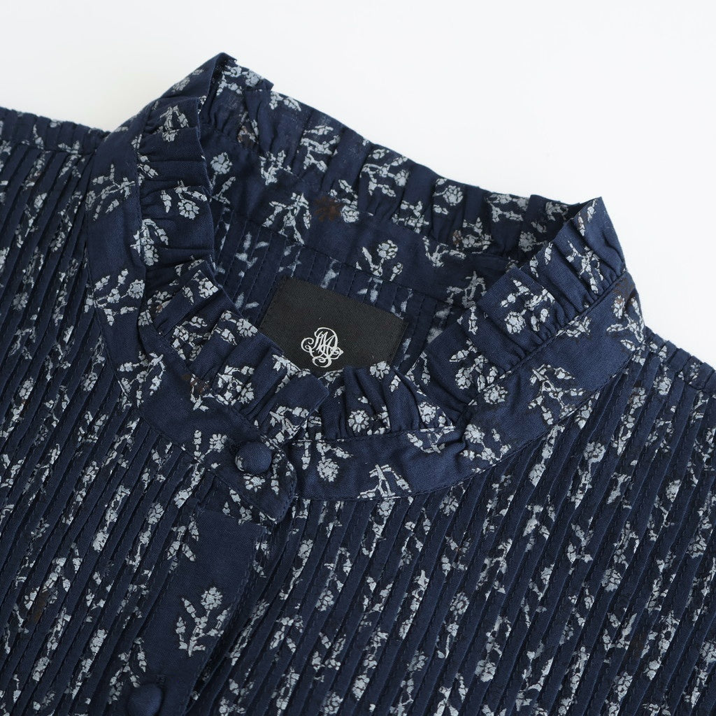 80s COTTON VOILE FLOWER BLOCK PRINT FRILL COLLAR PINTUCK SHIRT #3900 NVY (NAVY BASE) [NMDS25551]