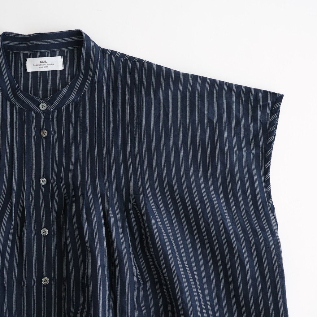 60s AUTO LOOM COTTON/LINEN STRIPE BANDED COLLAR FRENCH/SL PINTUCK SHIRTS #3991 NAVY/OFF.WHITE STRIPE [INSL26331]