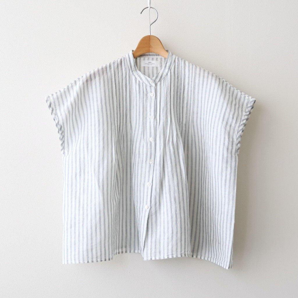 60s AUTO LOOM COTTON/LINEN STRIPE BANDED COLLAR FRENCH/SL PINTUCK SHIRTS #9139 OFF.WHITE/NAVY STRIPE [INSL26331]