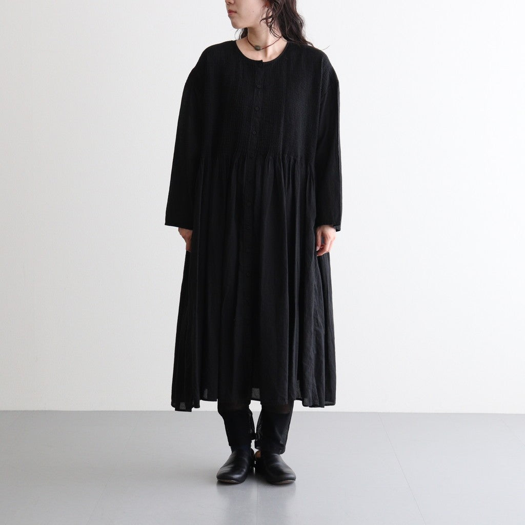 80s ORGANIC MICRO CHECK OVERDYE CREW-NECK BUTTON SHIRT MAXI DRESS WITH MINI PINTUCK #9912 BLACK (J.BLACK) [NMDS26234D]