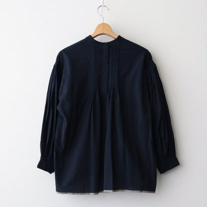 HANDWOVEN HEAVY COTTON PLAIN BACK OPENING STAND COLLAR SHIRT WITH MINI PINTUCK #9900 BLACK/BEIGE SELVAGE [INMDS25722]