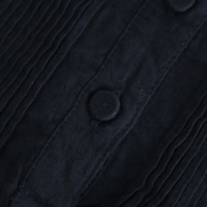 HANDWOVEN HEAVY COTTON PLAIN BACK OPENING STAND COLLAR SHIRT WITH MINI PINTUCK #9900 BLACK/BEIGE SELVAGE [INMDS25722]
