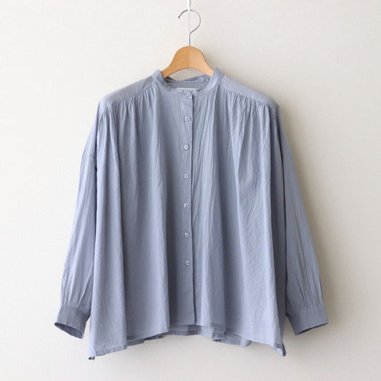 80s COTTON VOILE PLAIN BANDED COLLAR GATHER SHIRT #3300 SAX BLUE [NSL25041]