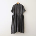 80s POWER LOOM LINEN CHECK REGULAR COLLAR DRESS WITH RAJASTAN GATHER #9890 OFF BLACK x WHITE CHECK [NMDS26284]